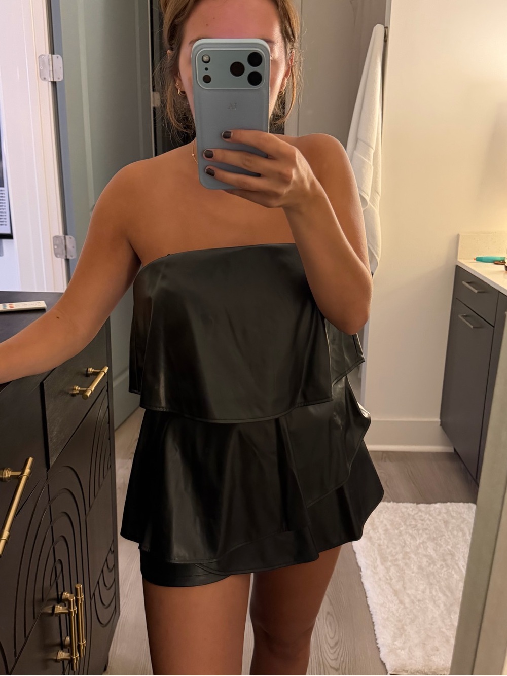 NWT Strapless Black Tiered Leather Mini Romper